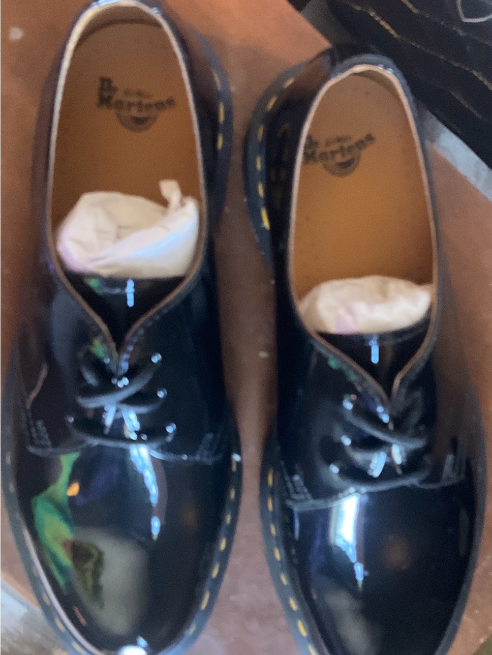 Dr. Martens Black Patent 3-Eye Derby with Yellow Stitching    Brand new USL 11